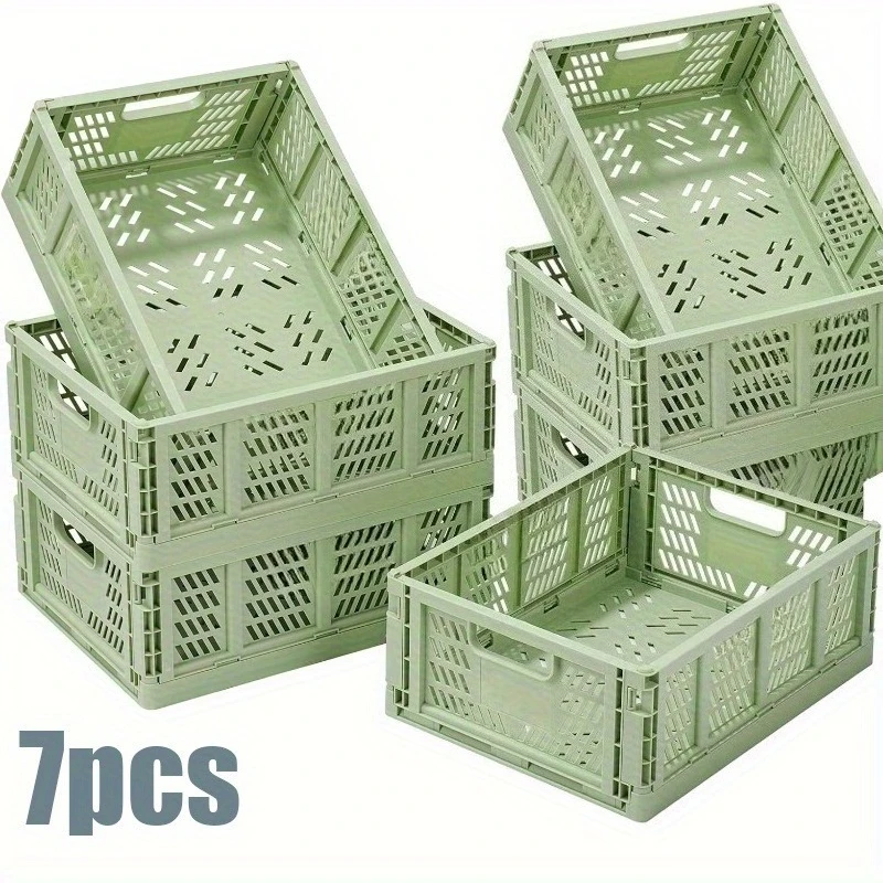 

7pcs Green Folding Plastic Storage Baskets Set with Handles Desktop Foldable Pantry Organizer Bins Space Saving and Stackable
