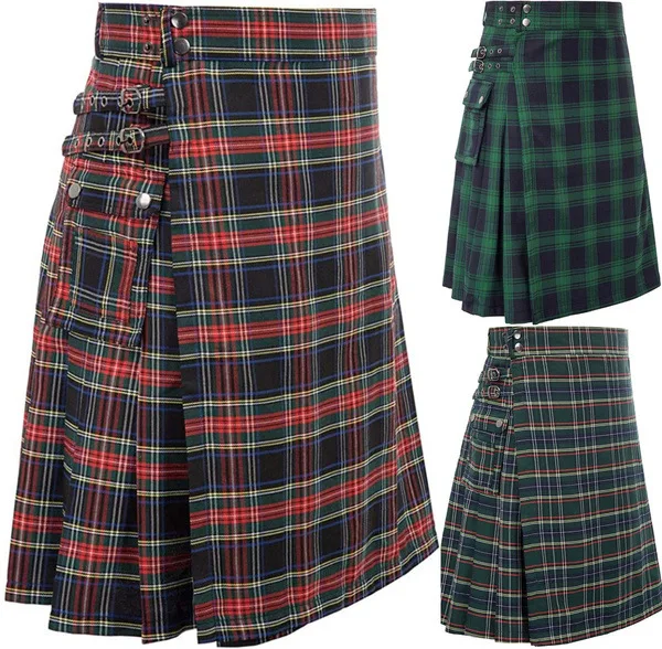 2022 Scottish Men Solid Classic Retro Traditional Sexy Medieval Cargo Personality Scottish Kilts Check Pattern Skirts