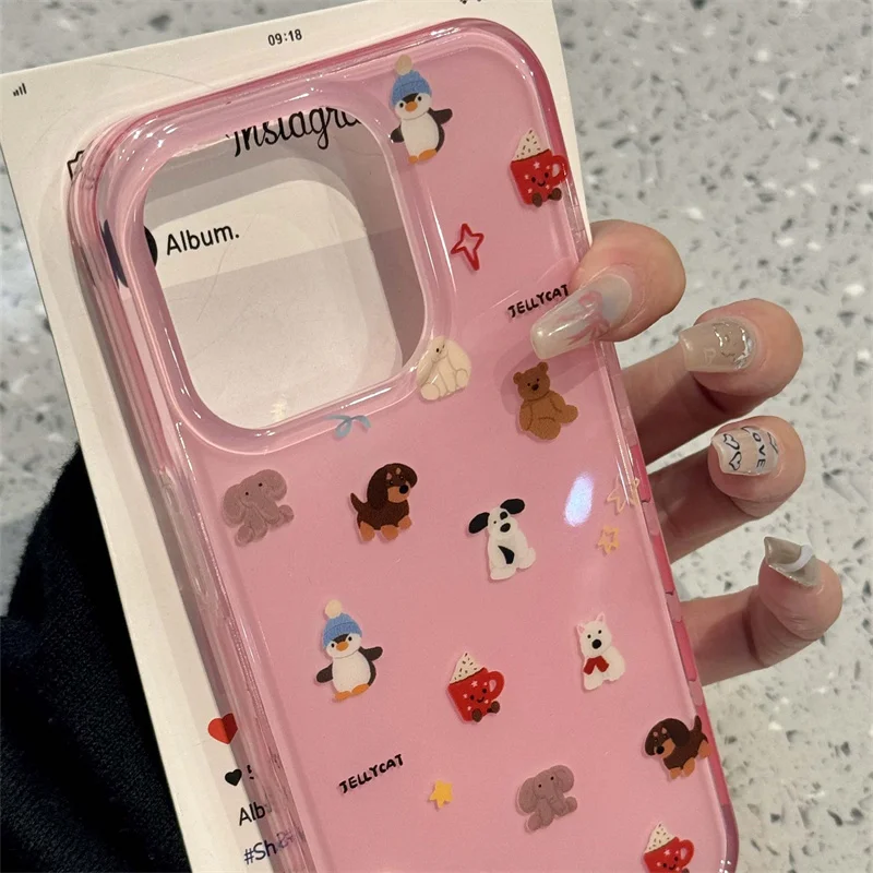 Large hole cartoon pink background full screen animal phone case for iPhone 11 12 13 14 15 16 pro max