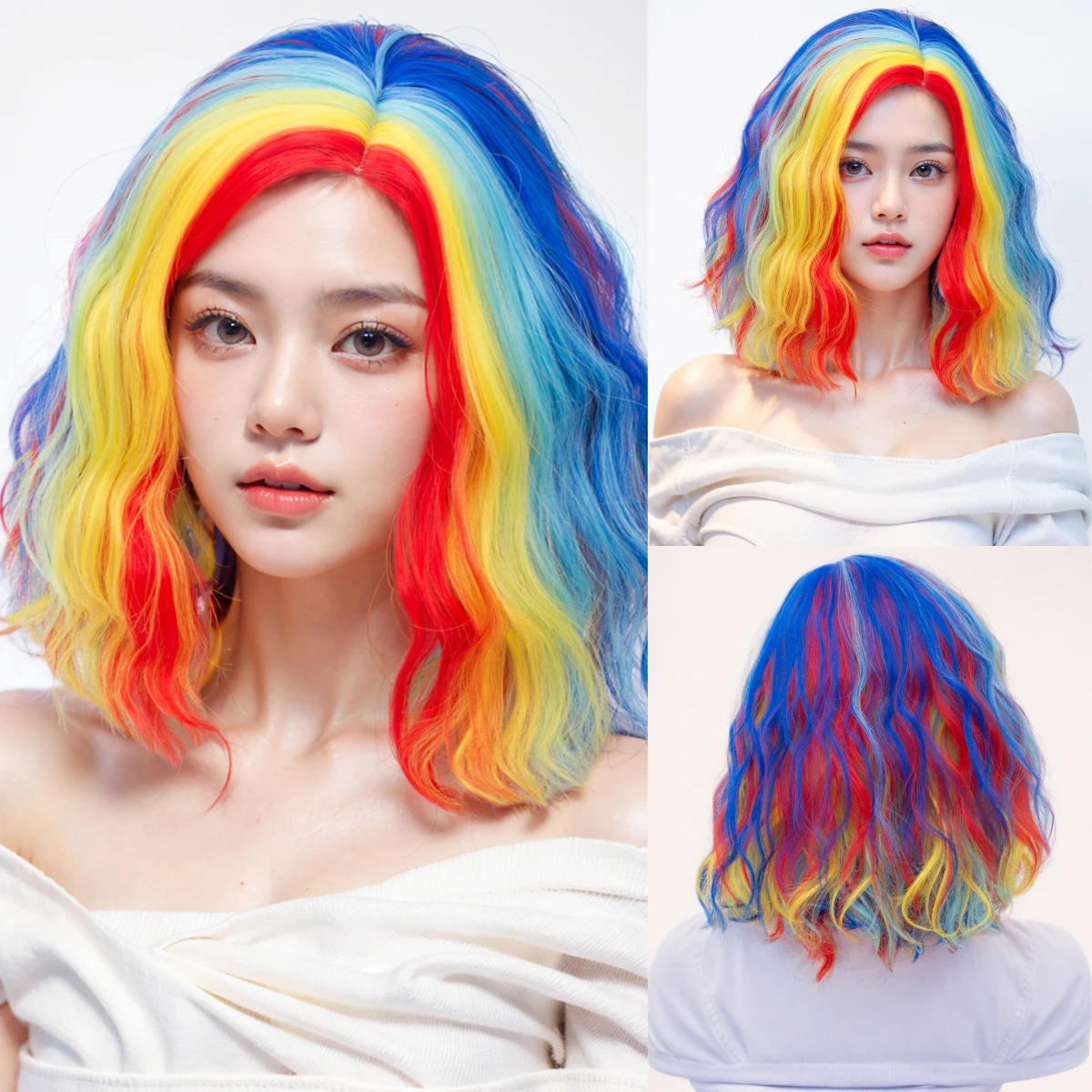 

Synthetic Short Rainbow Curly Wave Bob Wig with Bangs for Women Cosplay Lolita Halloween Party Fake Hair Heat Resistant
