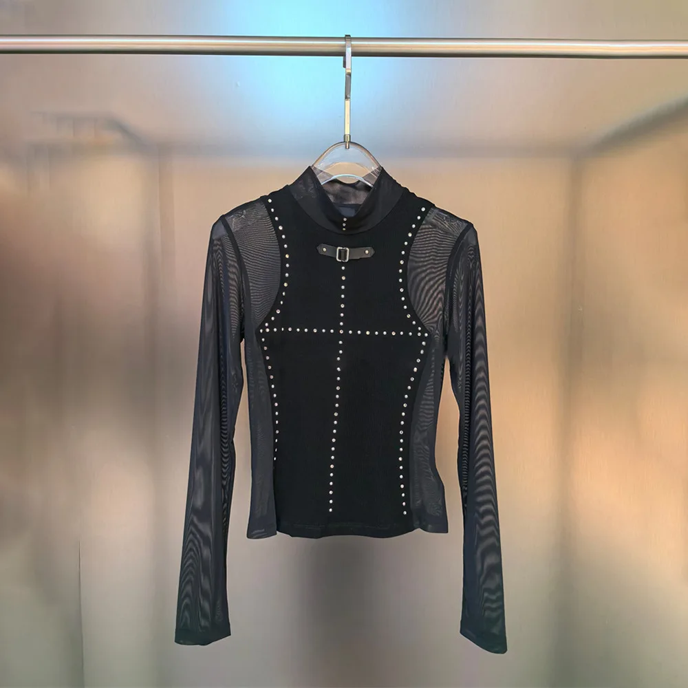 2025 Autumn New Black Mesh Long Sleeve Knitted Tshirt Slim Fit Women Top