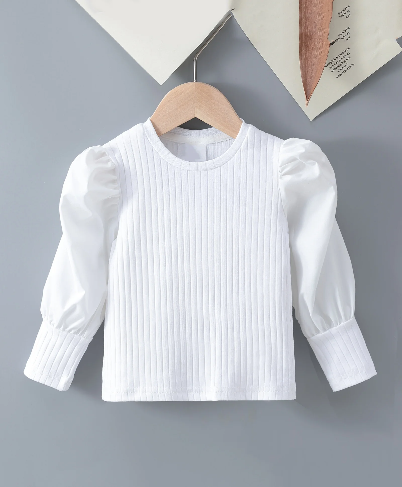 Spring Autumn New Style Girls White Puffy Sleeve Striped Top Children's Clothing Bubble Sleeve Shirt for Girls