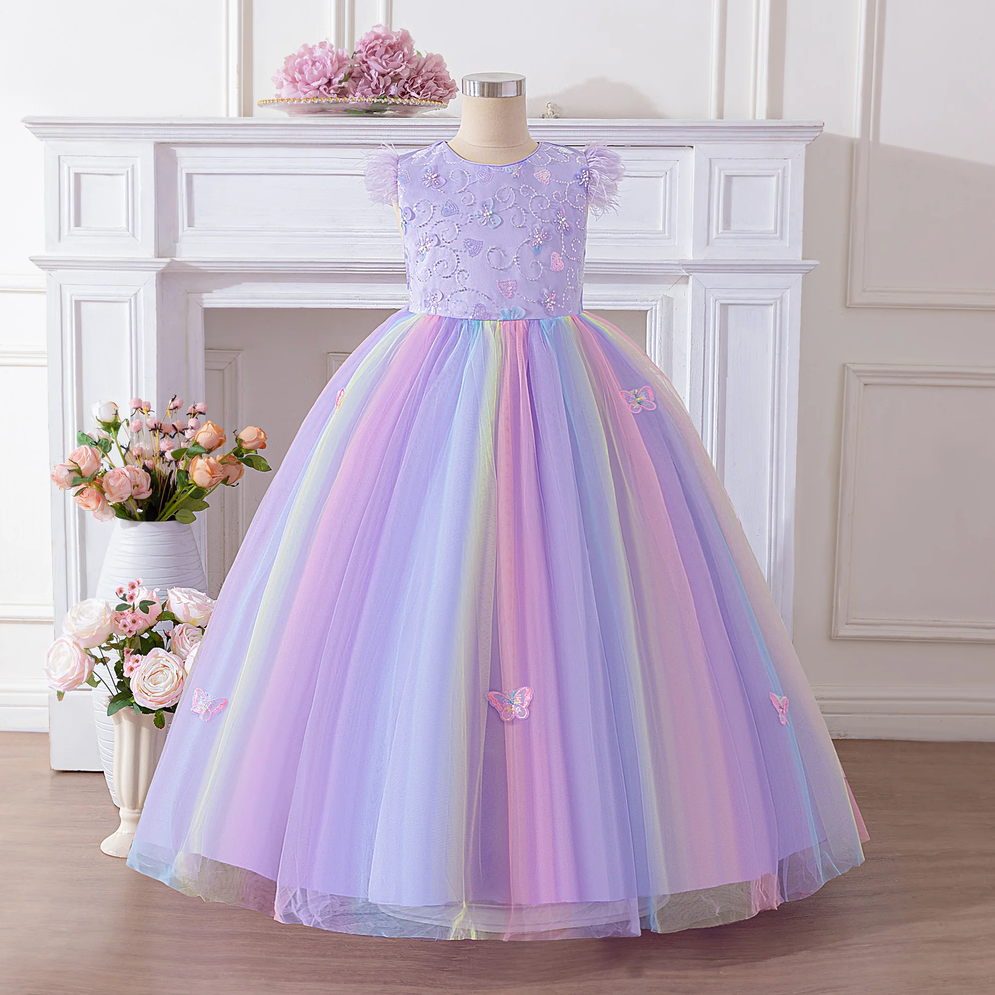 

Elegant Rainbow Butterfly Birthday Party Dresses for Girls Summer Wedding Bridesmaid Prom Girl Dresses Bow Evening Kids Clothing