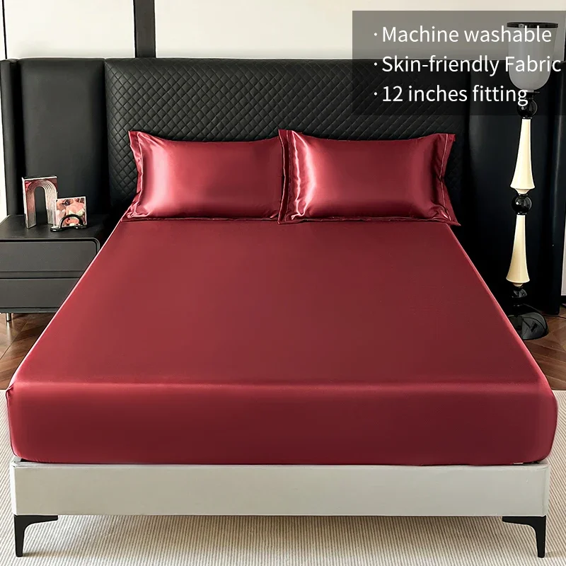 New Imitation Silk Satin Bed Sheet Set with Elastic Band Soft Silky Queen Fitted Sheet Mattress Cover King Size Bedsheet Sets