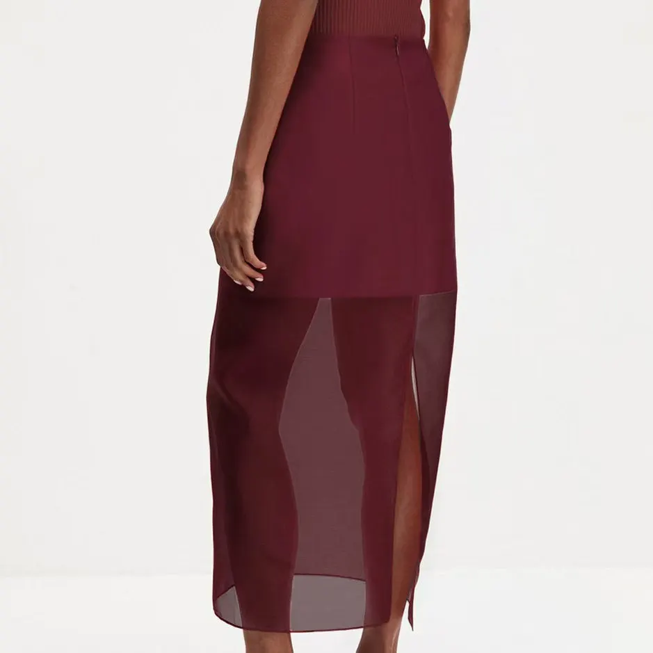 Dwukomorowa spódnica Faionable, wysoki stan, rozcięcie, prześwitująca, elegancka, do pracy, długa spódnica, kolor inny, materiał inny.