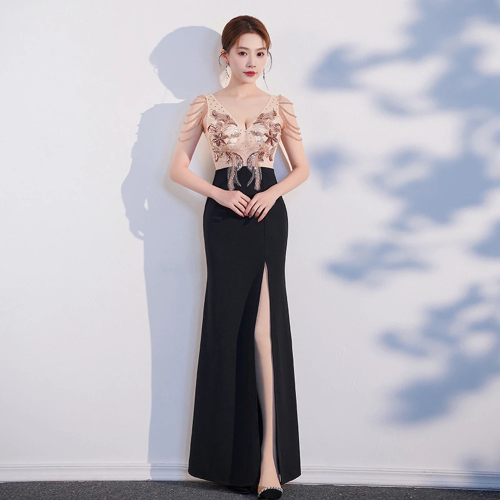 Prom Dress V-Neck Sexy Evening Dresses Mermaid Appliques Beading Party Dress Customized