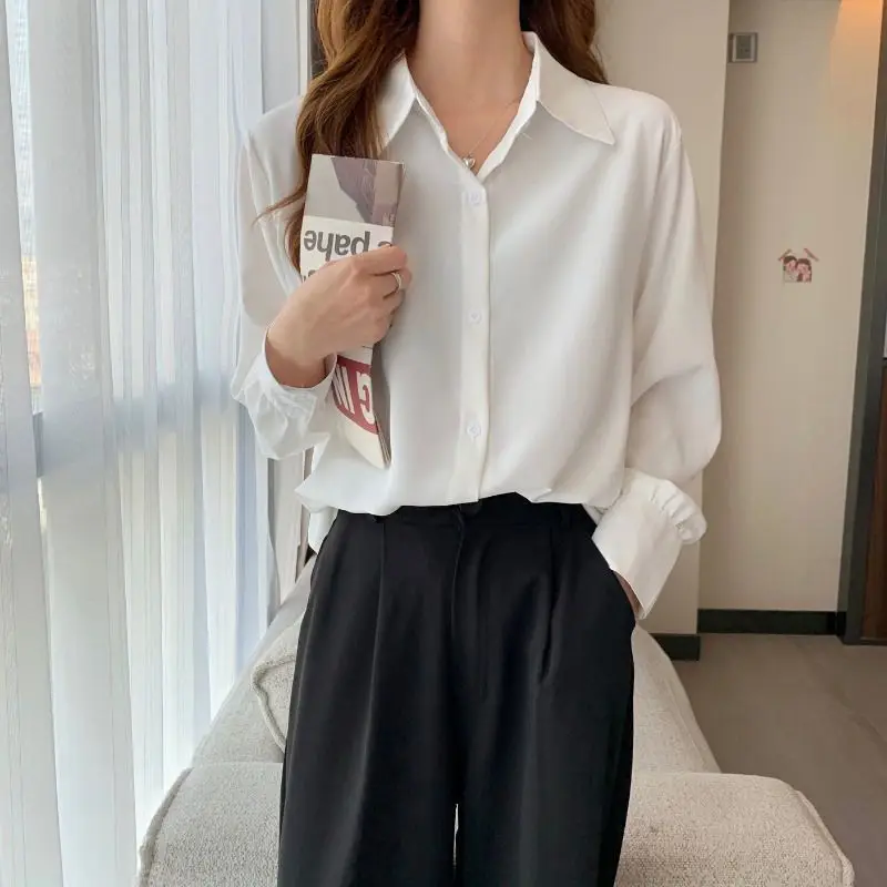 Women Chiffon White Shirt Korean Fashion Solid Streetwear Loose Long Sleeve Blouse Office Ladyturn-Down Collar Simple Casual Top