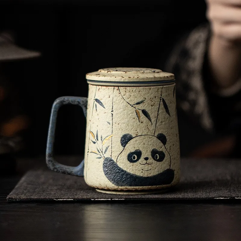 

Panda Playing with Bamboo Mug, Home Tea Brewing Cup,coffee Cup, Personal Covered Drinking Cup