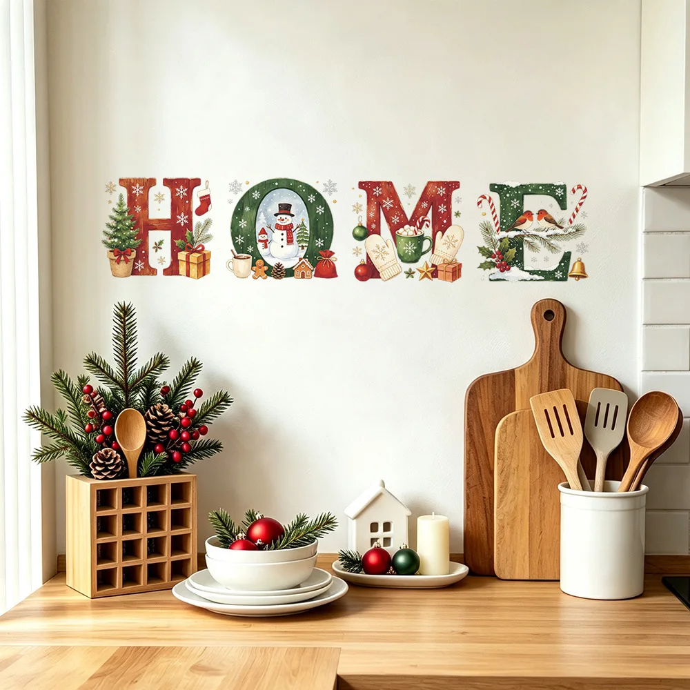 Christmas HOME English Wall Stickers Snowman Christmas Tree Room Decor Mural Kitchen Restaurant For New Year Decoration Decals