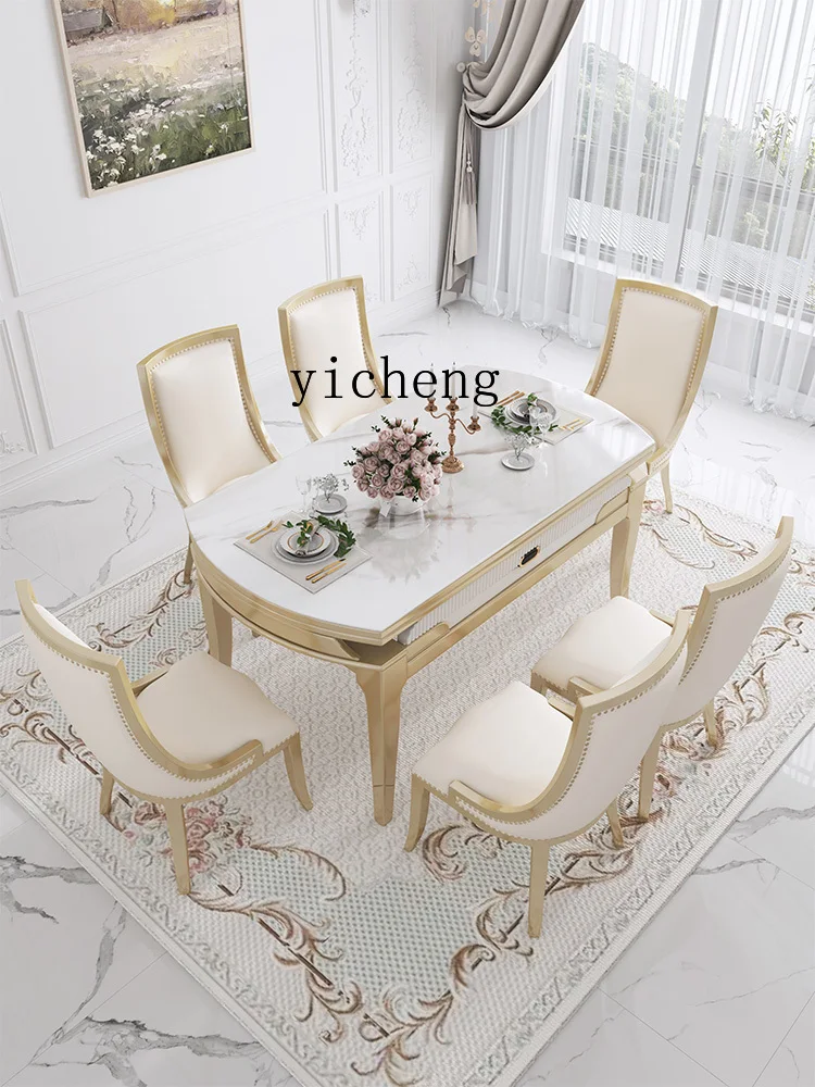 ZF Stone Plate Dining Table Square and round Dual-Use Retractable Folding Solid Wood Dining Table Cream Style