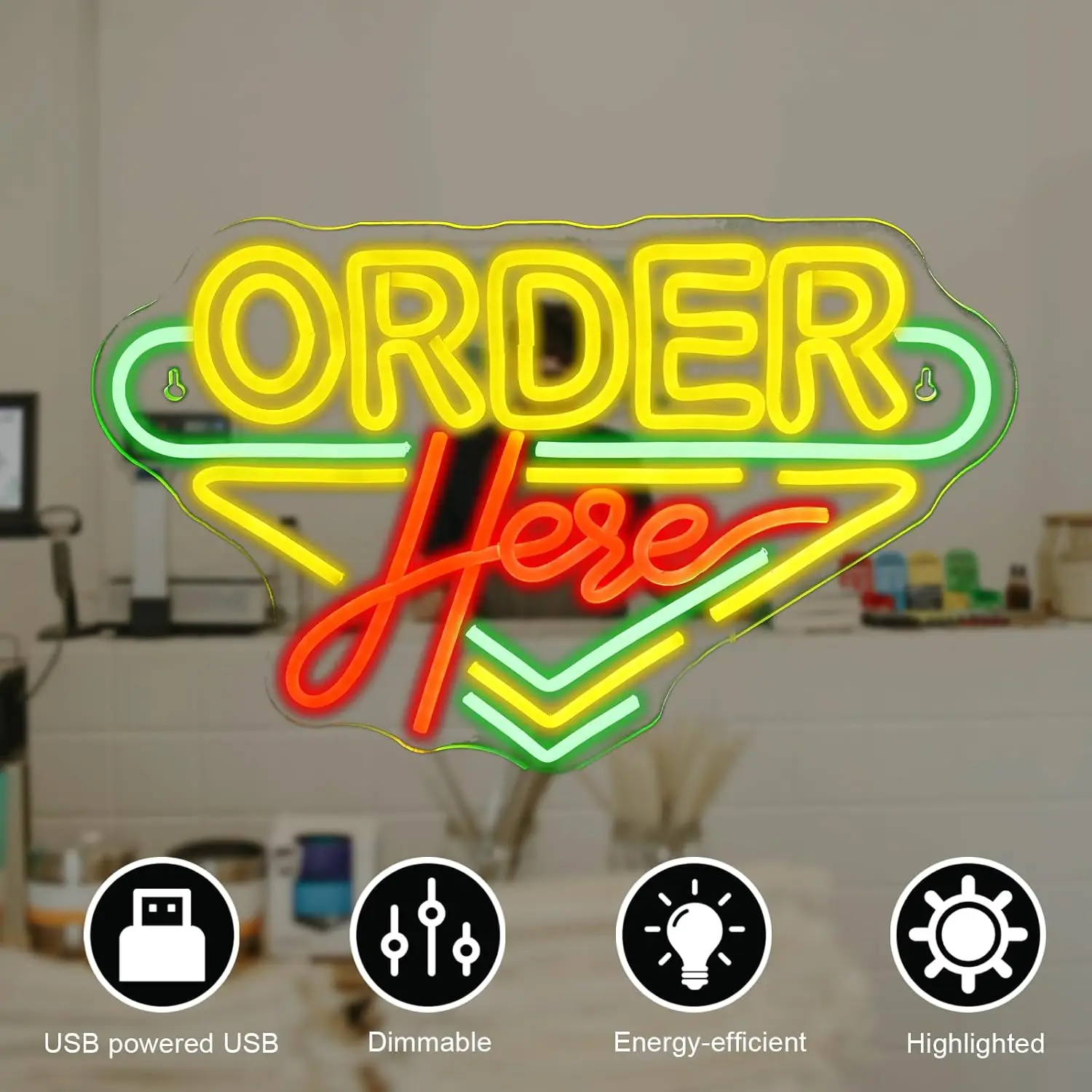 Order Here Neon Sign USB Dimmable Coffee Store Neon Lights Wall Decor for Restaurant Shop Bar Opening Checkstand Business