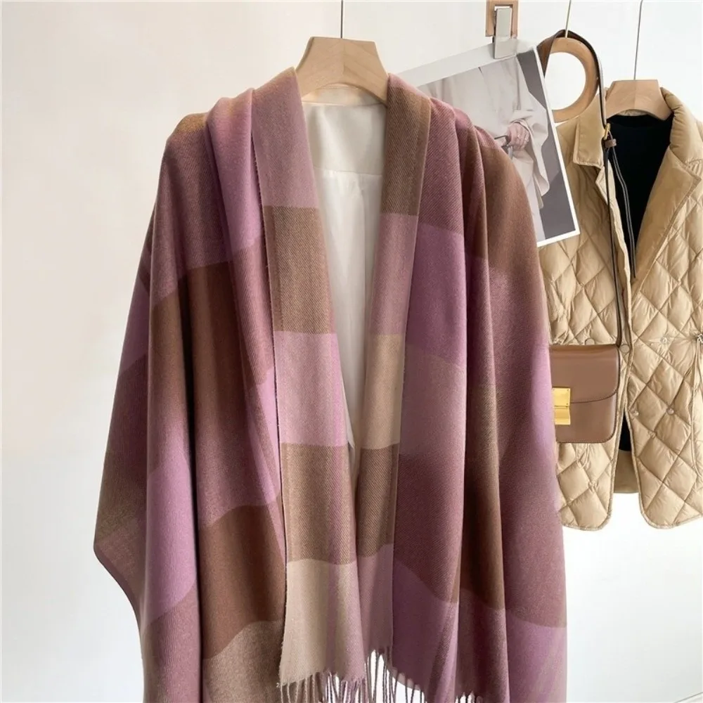 

Simple Windproof Plaid Scarf Thick Keep Warm Imitation Cashmere Shawl Korean Style Tassel Shawl Wrap Girl