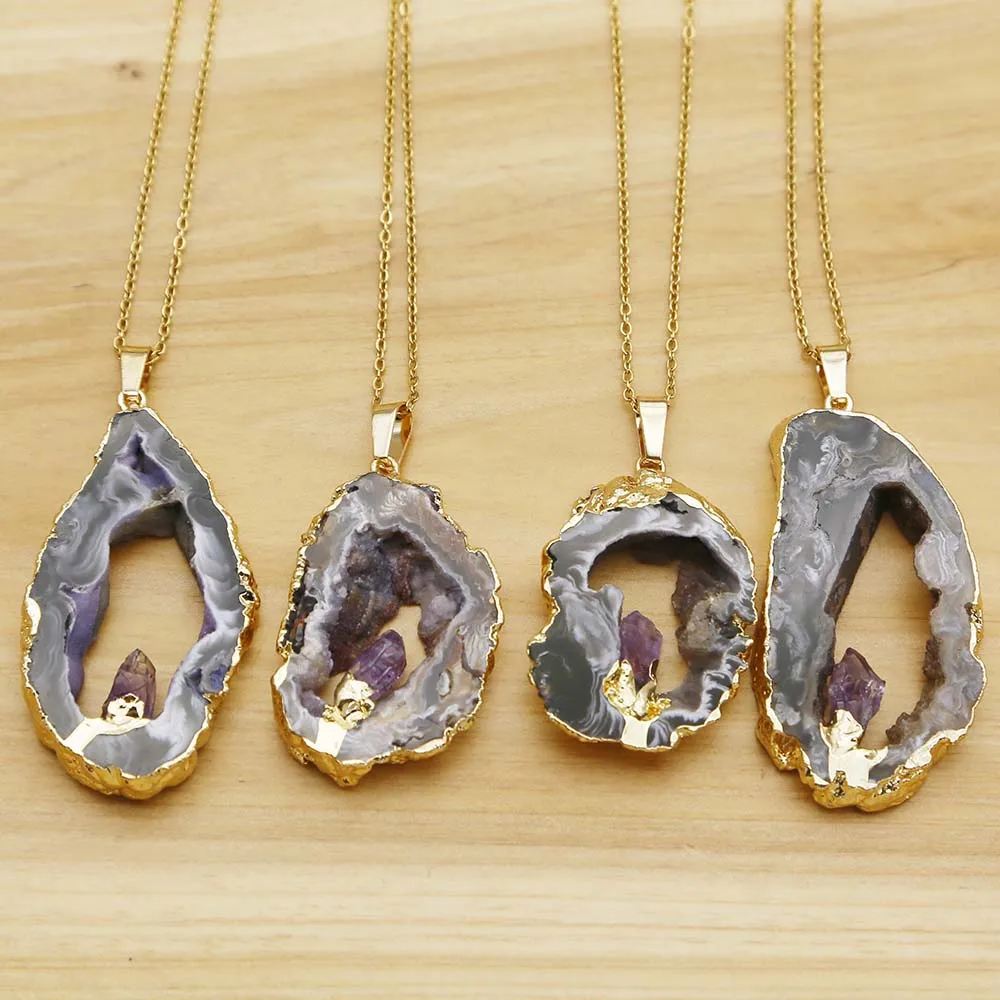 

New Natural Stone Agate Druzy Amethyst Necklace Irregular Onyx Quartz Crystal Pendant Fashion DIY Jewelry Making Accessories4Pcs