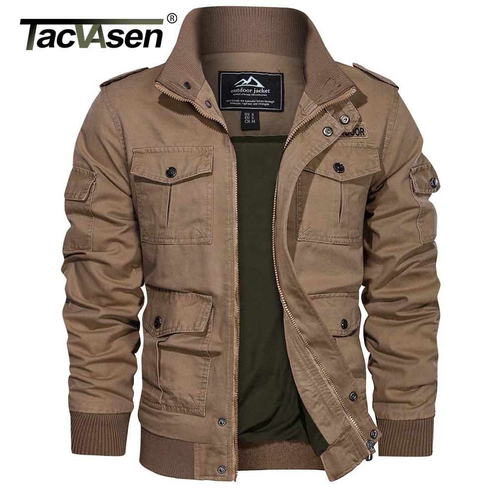 TACVASEN Men\'s Bomber Jacket Casual Cotton Outerwear Autumn Windbreaker Cargo Working Jacket with Multi Pockets