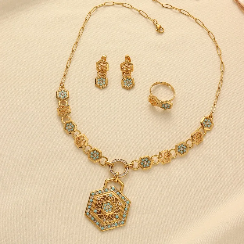 Ancient style platingKGolden Ruyi Peace Necklace Three-Piece Set