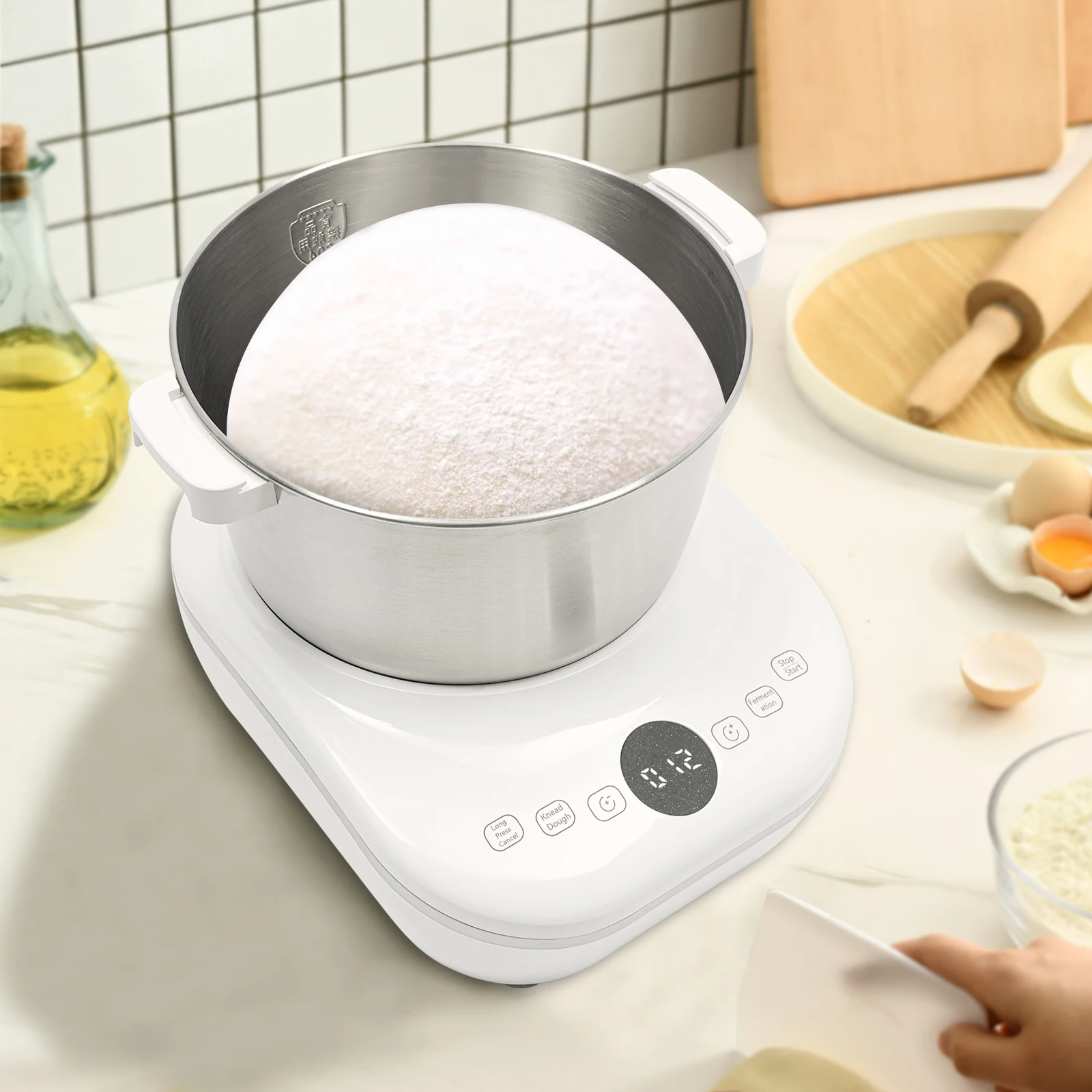 

Electric Dough Maker | 5L 304 Stainless Steel Kneader with Smart Ferment Function & Touch Controls (White, 200W DC Motor)