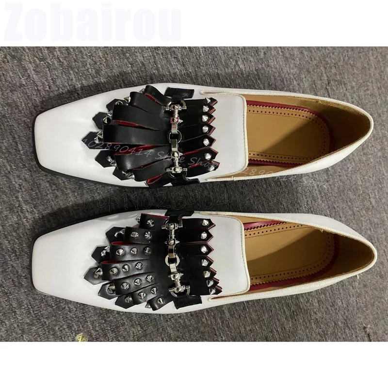 Metal Rivets Black Tassels White Square Toe Loafers Fashion Slip On Men Shoes Luxury Handmade Party Feast Office Men Dress Shoes