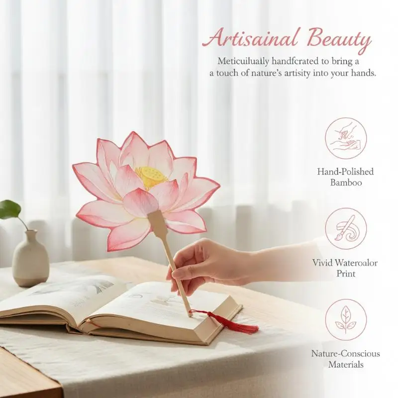 Lotus Pattern Watercolor Chinese Hand Fan Bamboo Handle Suitable for Courtyard Patio Summer Relaxing Use
