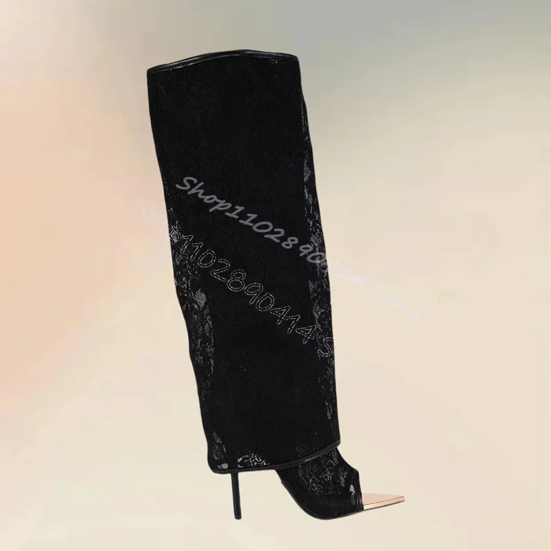 

Black Lace Turned Over Open Toe Sandals Boots Slip On Women Shoes Thin High Heels Fashion Party Feast 2024 Zapatos Para Mujere