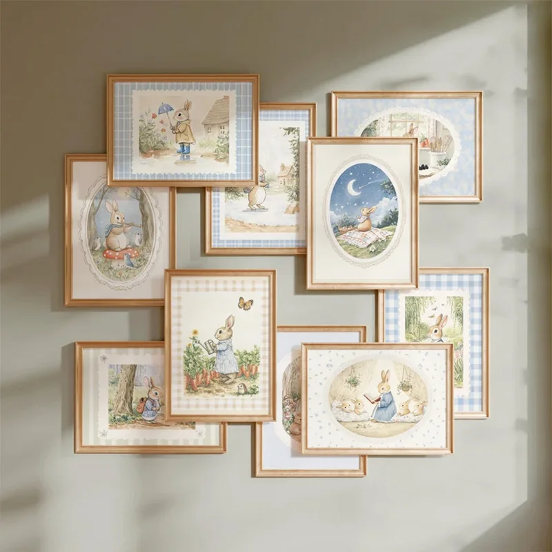 

Vintage Boho Blue Plaid Rabbit Inspired Art Poster Baby Room Bedroom Nursery Field Animal Decorative Canvas Painting Wall Art