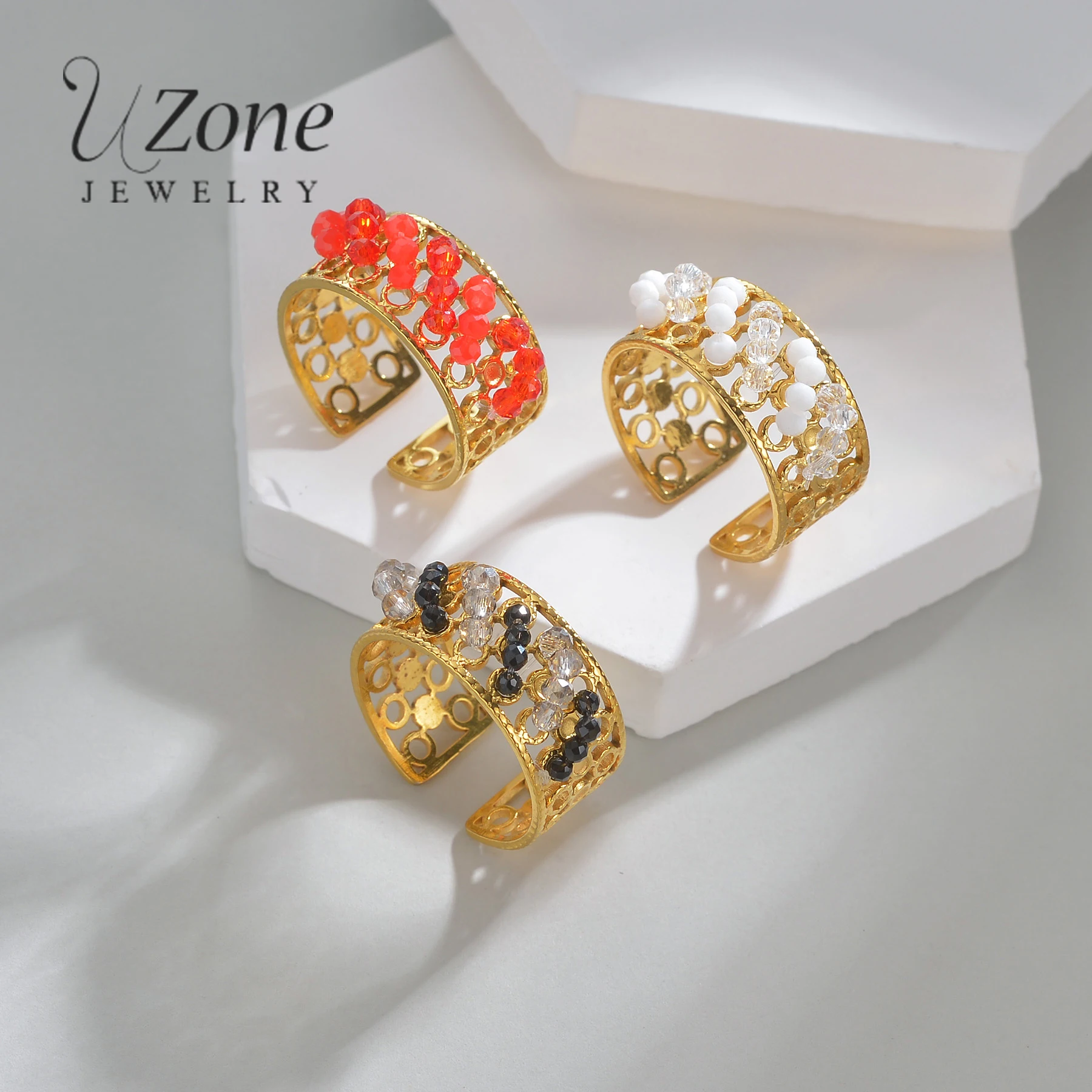 Uzone anel aberto oco dourado para mulheres, aço inoxidável, moda retrô, contas coloridas, anel de dedo ajustável, joia, presente