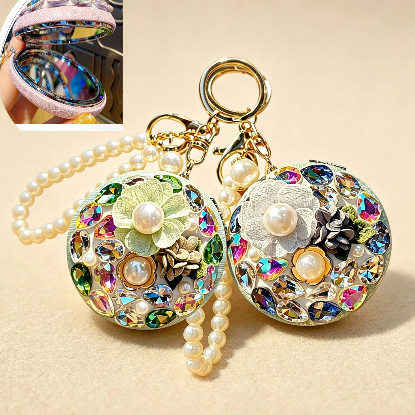 Round Two-side Cosmetic Mirror Bling Diamond Fold Pocket Mirror Handheld Vanity Glass With Pearl Chain Bag Hanging Ornaments