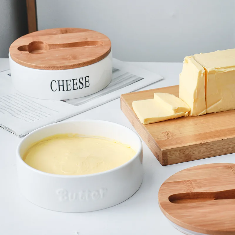 Ceramic Butter Storage Box with Wooden Lid, Cheese Plate, Tableware, Cheese Dish Container, Knife, French Butter, Dishes