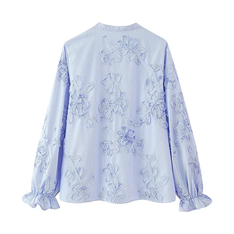 YENKYE 2025 Damesmode Textuur Gestreepte Blauwe Blouse Lange Mouw V-hals Casual Herfst Tops