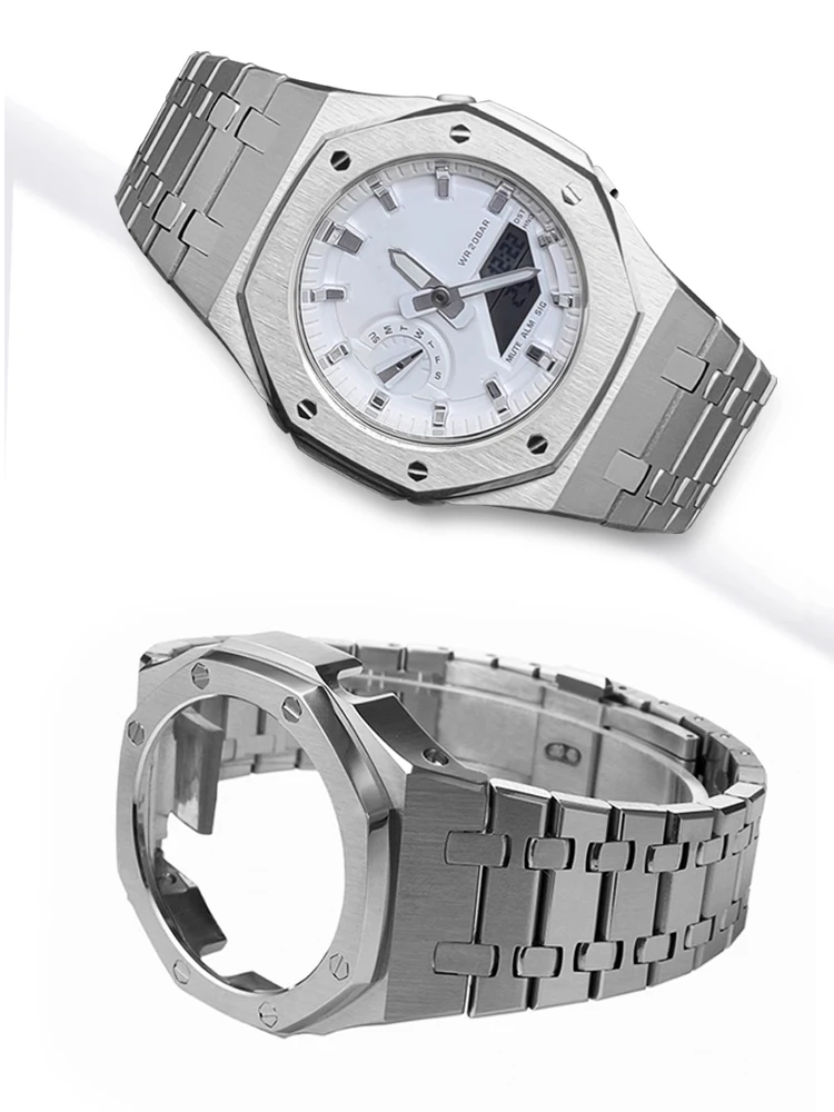 GMA-S2100 طقم عصري الفولاذ المقاوم للصدأ ساعة حزام المطاط سوار ل كاسيو G-SHOCK البلوط GMA S2100 المرأة حزام ساعة معدني مجموعة