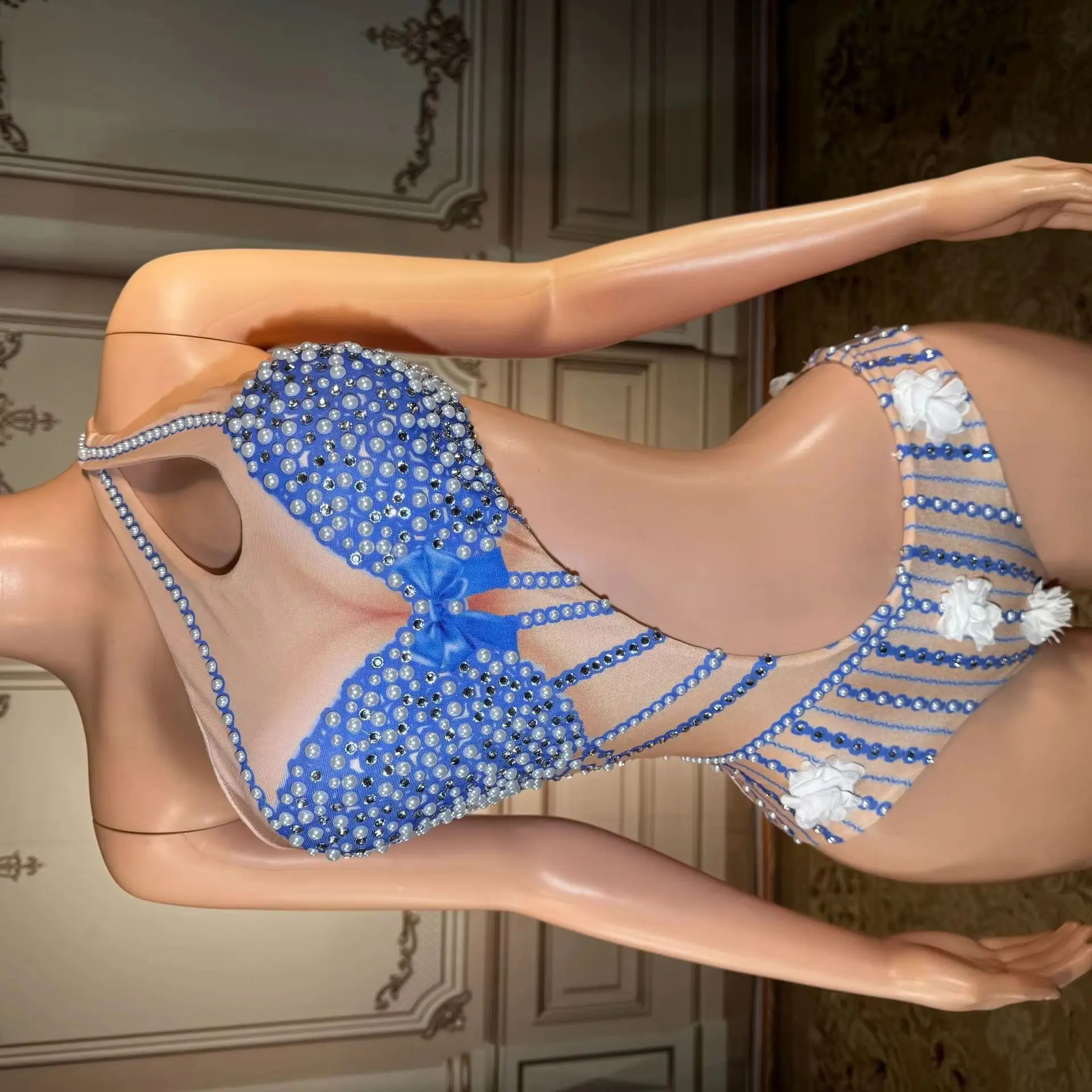 

New Geometric Print Beaded Strapless Hollow-out Chiffon One-piece Swimsuit Steel Support for Beach Vacation Sexy Bikini Swimwear