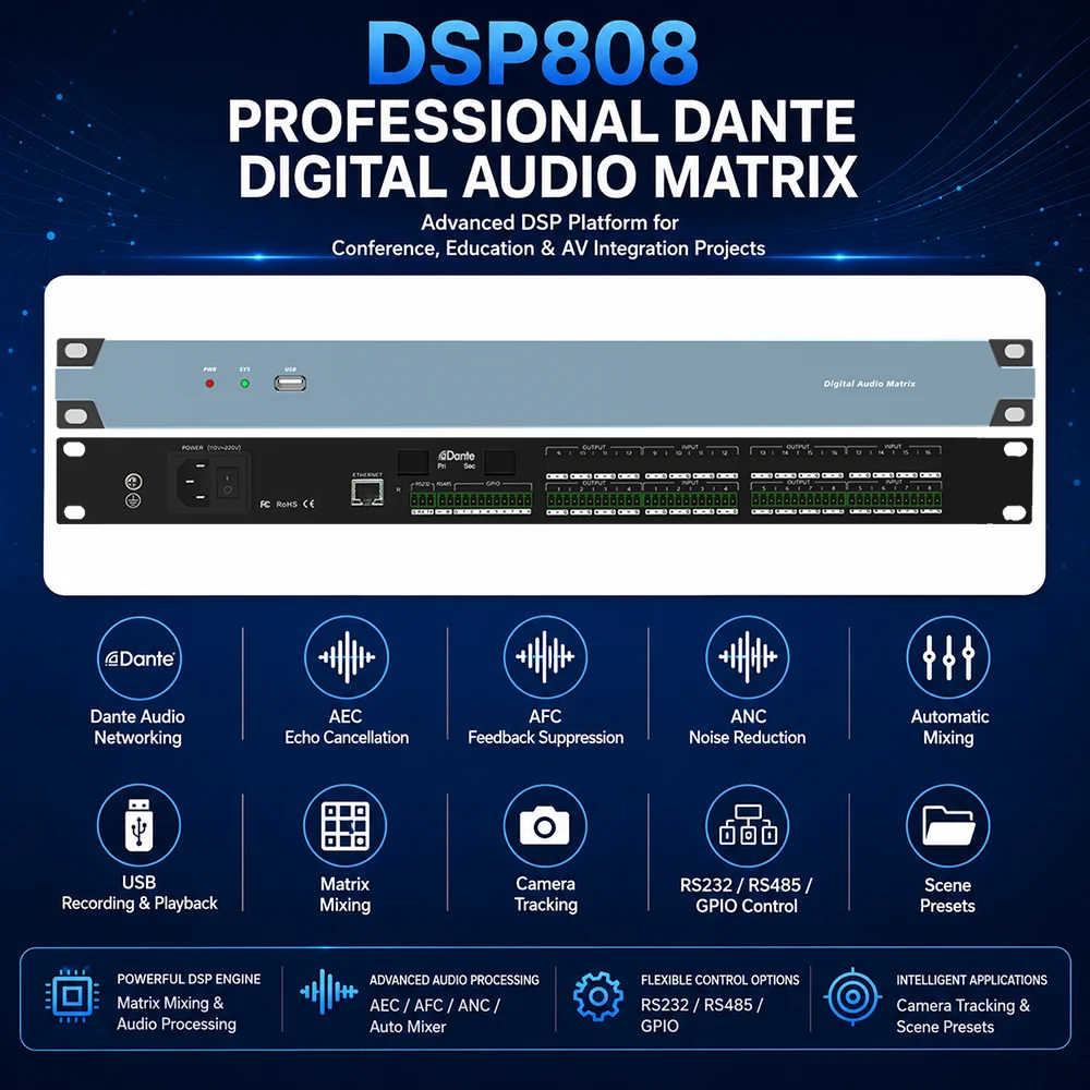 16x16 DSP Processor AEC AFC ANC Auto Mix Large Conference Sound System