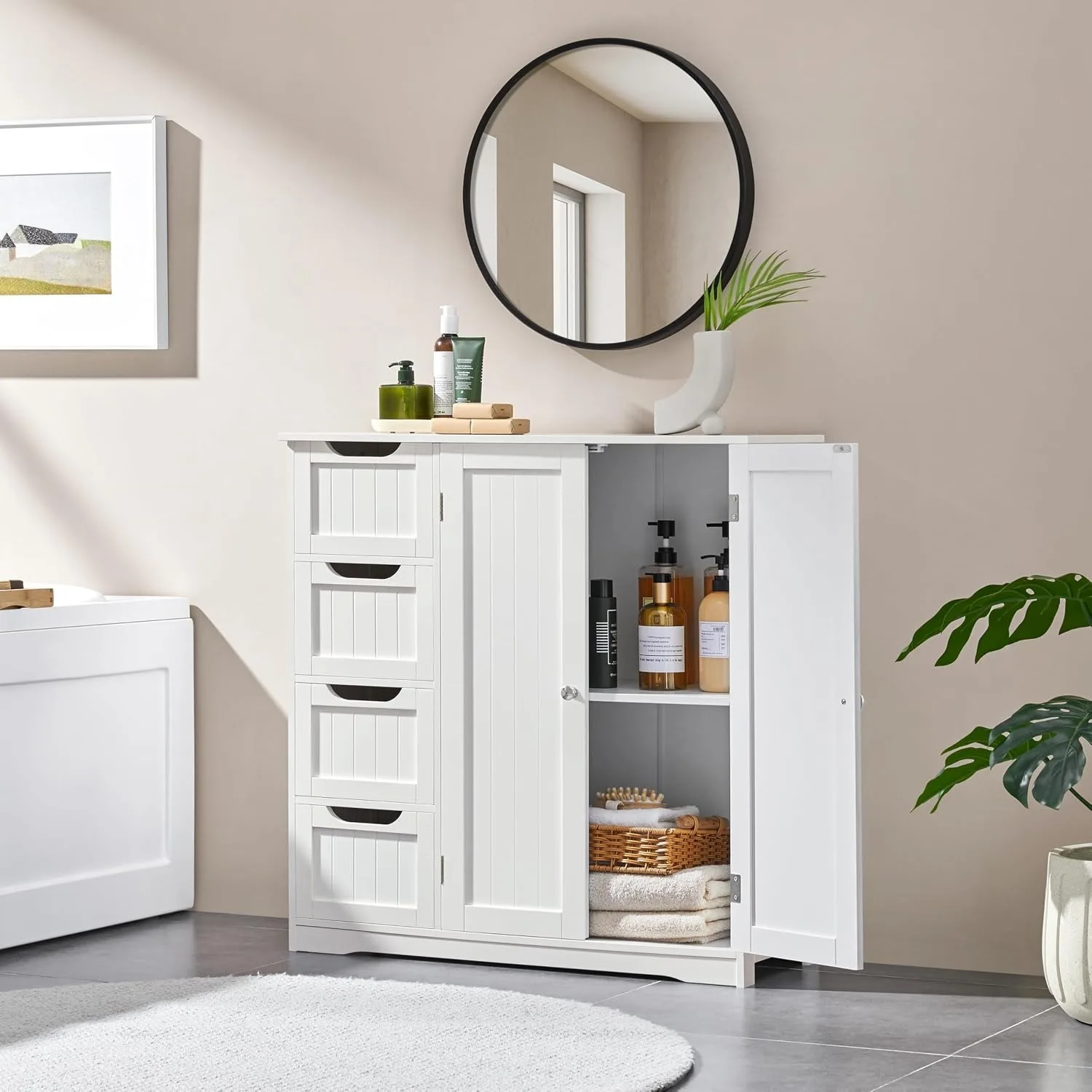 Wooden Bathroom Floor Cabinet, Side Storage Organizer Cabinet with 4 Drawers & Double Doors, Customized view 2