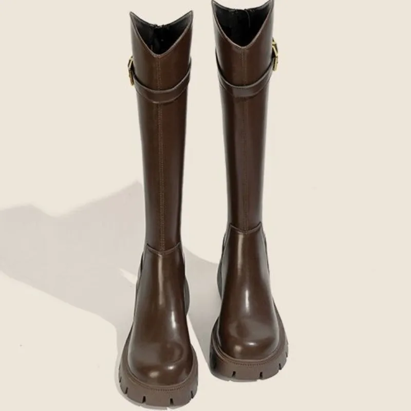 Woman Luxury Boot Fashion Knight Long Booties Velvet V-mouth Square High Heels Fashion Belt Buckle Rear Zipper Warm Women's Shoe