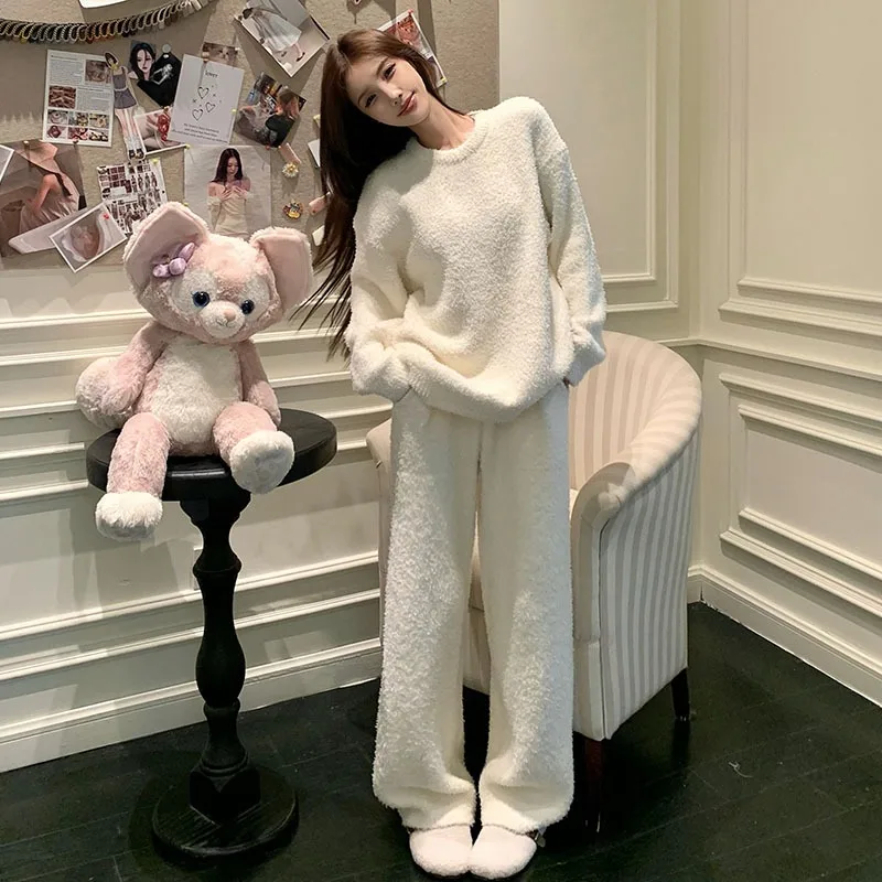 ملابس نوم نسائية نصف صوف شتوية جديدة بلون سادة ملابس منزلية حلوة مريحة ودافئة ومرنة قابلة للانفصال