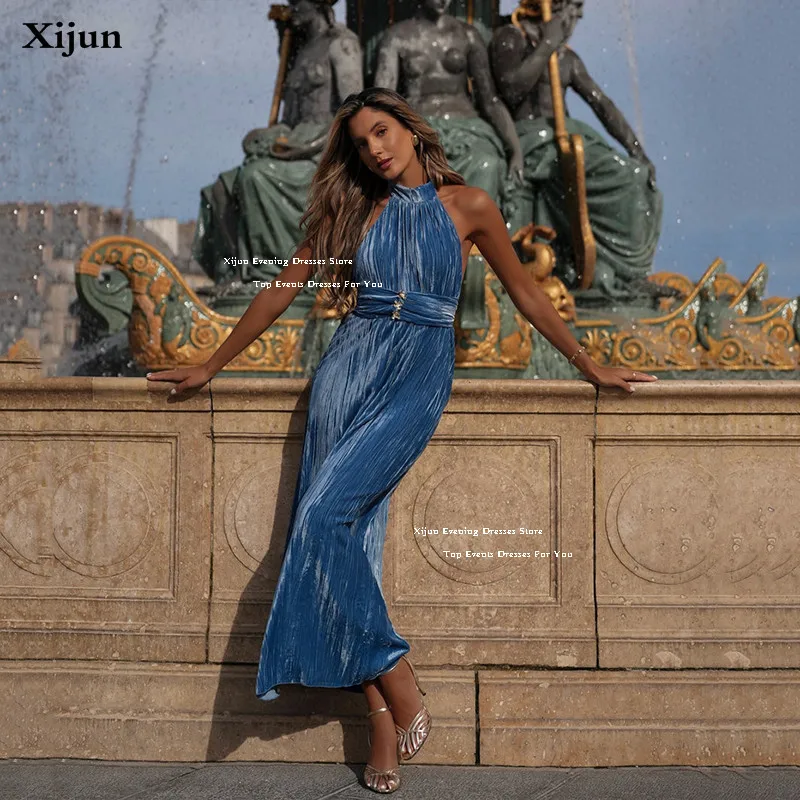 

Xijun Haze Blue Pleats Velvet Evening Dresses Halter A-Line Prom Dresses Saudi Arabic Sleeveless Formal Prom Gowns Customized