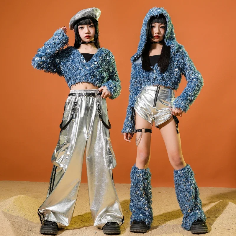 Kind streetwear meisjes k-pop pailletten crop hoodies street dance shorts pu lederen cargobroek kinderen hiphop jazz glanzende kledingset
