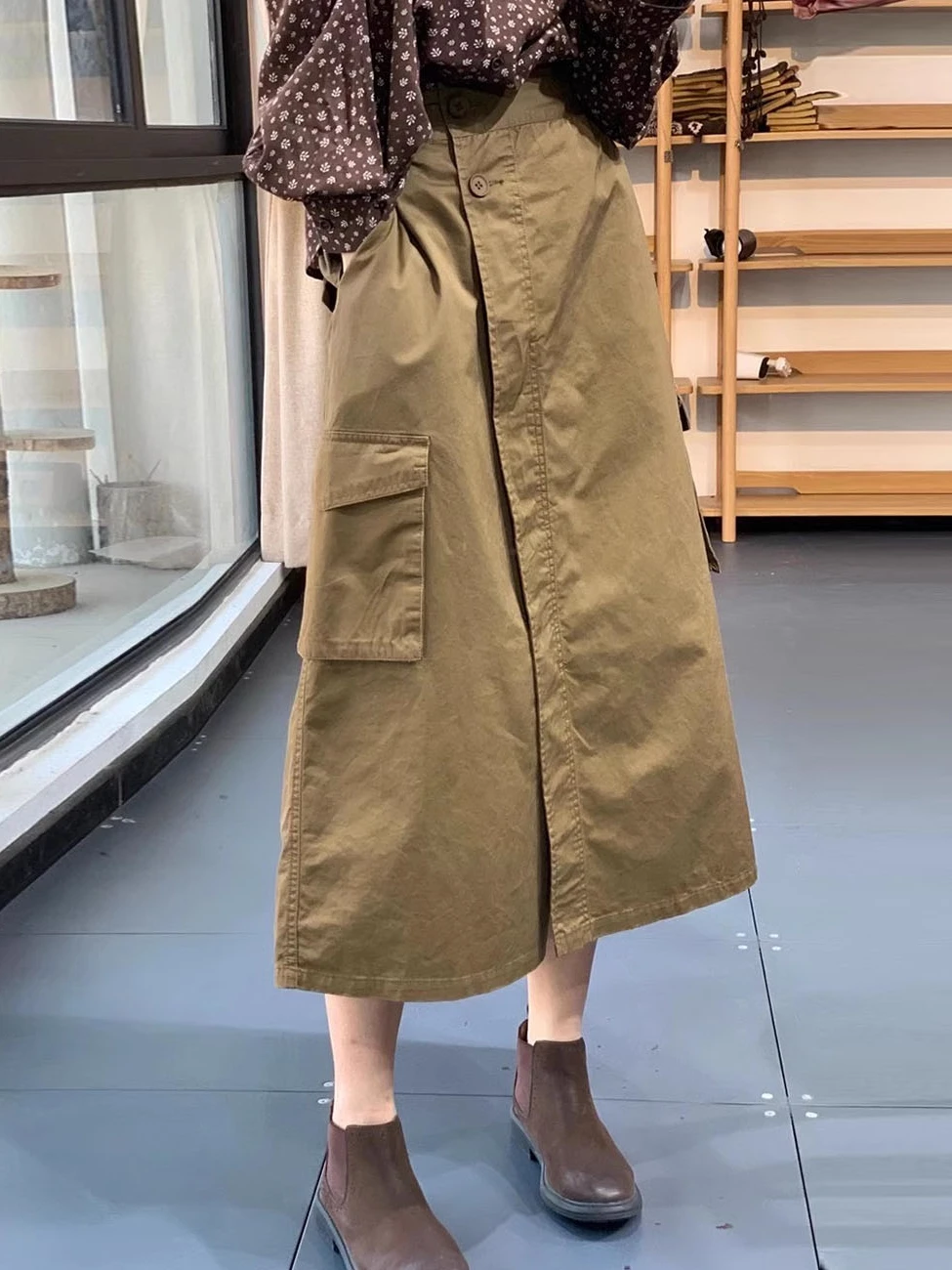 

Original Faion Korean Sle ket Design Loose Slimming Workwear Skirt High Waist A-Line Cotton Mid-Length Skirt