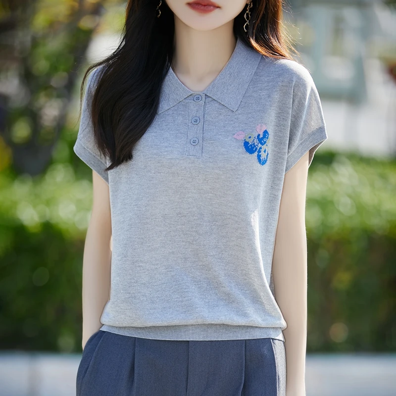 

2025 Summer Lapel Short-sleeved T-shirt Women's Loose Joker Fashion Top Thin Breathable Small Flying Sleeve T-shirt