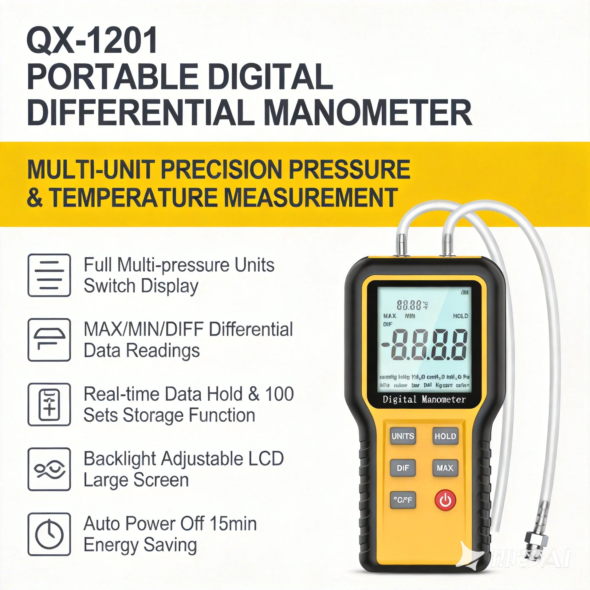 Digital Manometer Pressure Meter ±12.99psi Differential HVAC Gauge with 12 Units Data Hold MAX/MIN Backlit for Gas Systems