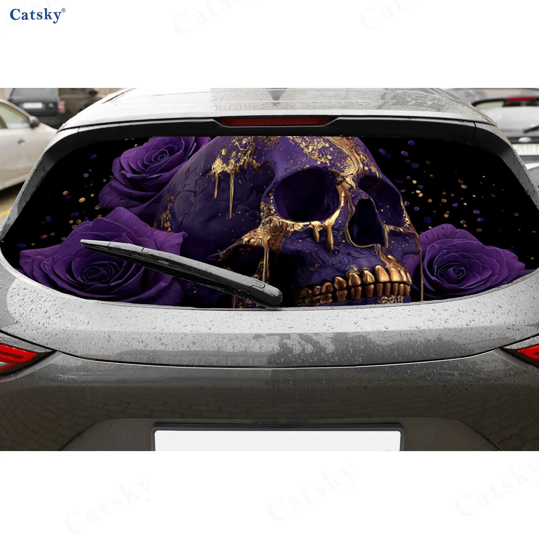 

Purple Gold Skull Rose Gothic Luxury PVC Perforated Car Vinyl Wraps, Durable Car Rear Windshield Sticker, Waterproof Car Rear Wi