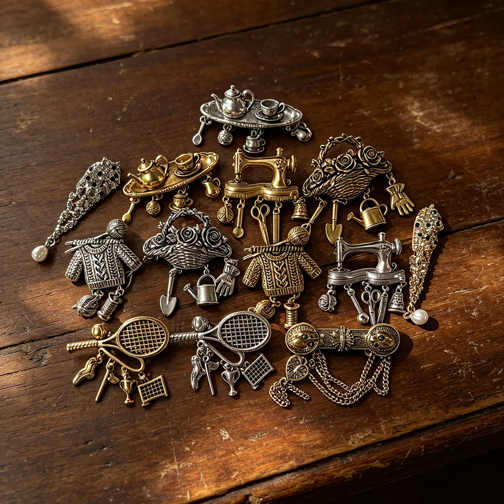 Vintage Dangle Charm Brooch Retro Sewing Machine Teapot Tennis Lapel Pin Antique Metal Drop Brooches for Women Coat Jewelry Gift