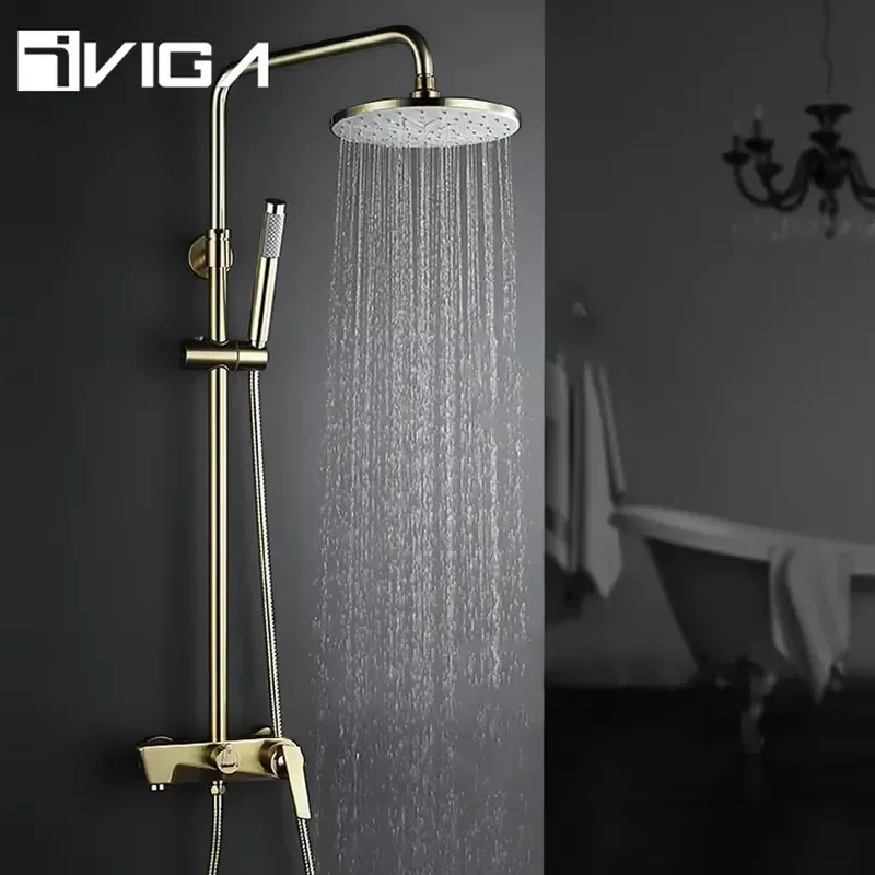 Bathroom Exposed Shower Column Set with Bathtub Spout 9 Inch Shower Head Gold Rain Shower Faucet