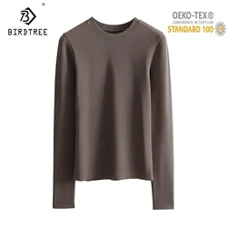 BirdTree, 4%Natural Silk Elegant Knit T-Shirt, Women's Long Sleeve High Stretch, Commute Basics Soft Tops, Fall Winter T49230QM