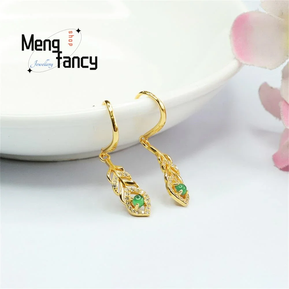 S925 Silver Lnlaid Natural Jadeite Ice Type Imperial Green Leaf Earring Exquisite Elegant High-grade Luxury Quality Fine Jewelry