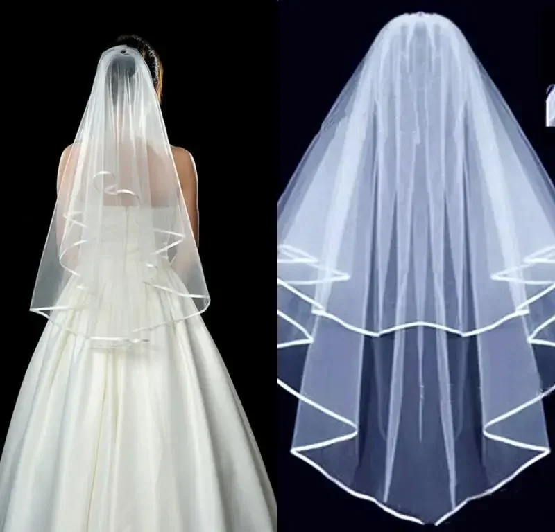 White Ivory Two Layers Ribbon Edge Short Tulle Wedding Veil With Comb Womens' Wedding Accessory