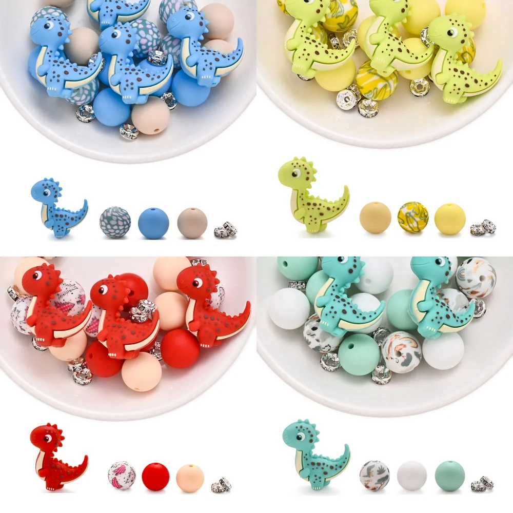15/60pcs Brachiosaurus Dinosaur Silicone Beads Colorful Round Loose Beads For DIY Pacifier Chain Keychain Pen Accessories