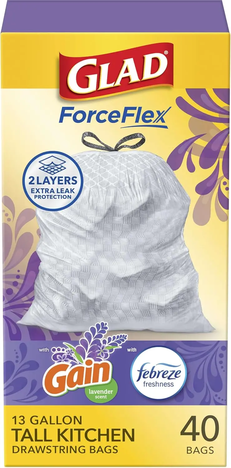 

Flexible Tall Kitchen Trash Bags, 13 Gallon, Lavender Scent with Odor Control, 40 Count Pack