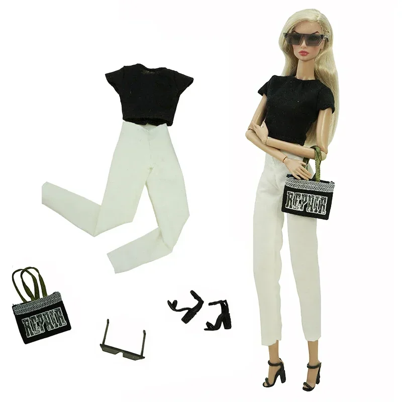 1/6 BJD Doll Clothes For Barbie Clothes Fashion Black Shirt Top Pants Shoes Bag Glasses Outfits 11.5