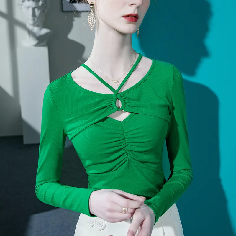 المرأة باويلون رقبة الرسن كم طويل تي شيرت ، جوفاء من خليط ، أضعاف أسفل قميص ، قمم الربيع