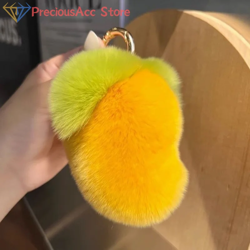 Cute Sweet Mango Real Rex Rabbit Fur Keychain Plush Ball Toy Women Bag Charm Ornaments Car Keyring Metal Ring Pendant Girls Gift